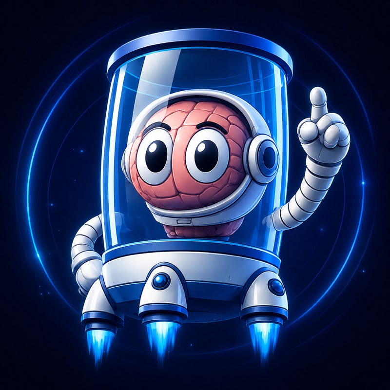 Mascote Tihee: um cérebro astronauta dentro de uma cápsula-foguete